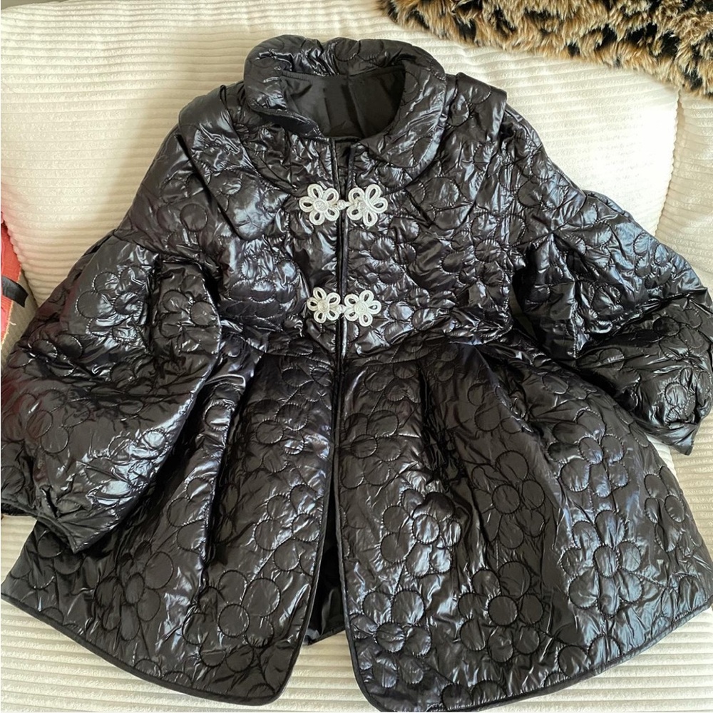 Black Quilted puffy Jacket with Floral Embellishments